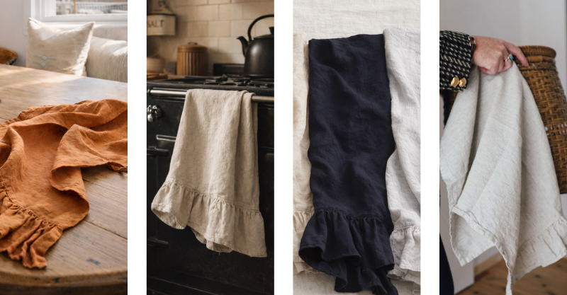 Four different images of Lisiére premium French linen Tea Towels in various colours and settings.