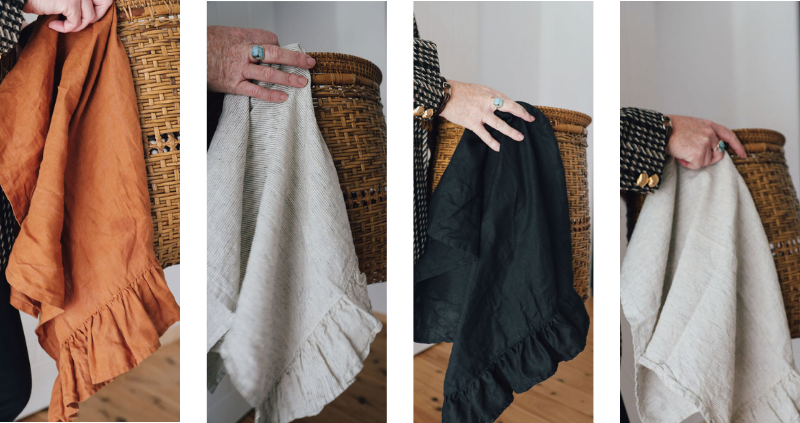 Four different images of Lisiére premium French linen Tea Towels in various colours hanging from a cane basket