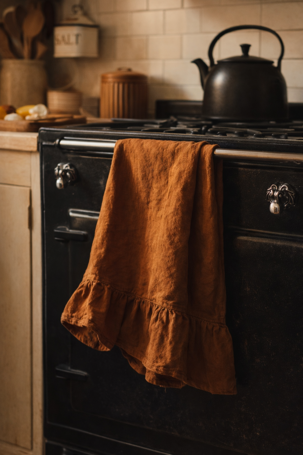 Saltbush living rust coloured Lisiére french linen tea towel draped over the over door hanging rail in a kitchen with a pot on the black oven and stove